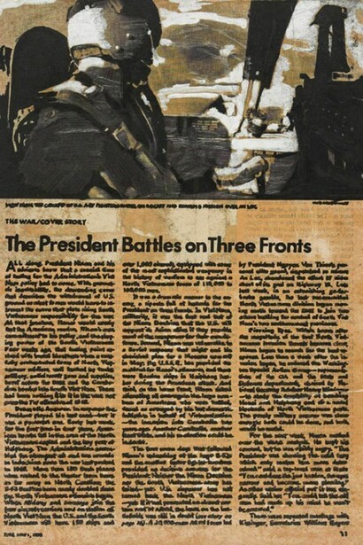 Luis Camnitzer, Objects Covered by Their Own Image; The President Battles on Three Fronts, 1973, Encre et correcteur blanc sur papier journal, 28 x 20,7 cm, Courtesy Alexander Gray Associates, New York