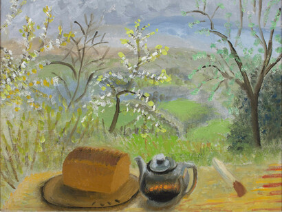 Winifred Nicholson (1893-1991), Teatime in Spring, oil on board, circa 1945, 51 x 61 cm. From Goulden & Thomas 
