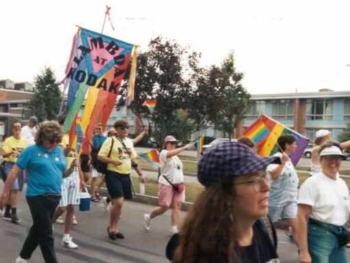 Lambda members participate in a mid-1990s Pride
Parade in Rochester, New York (detail). Courtesy of George Eastman Museum