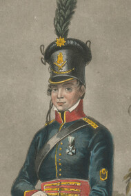 Aquatinta de Maria Quitéria, tenente brasileira e heroína nacional, desenhada por Augustus Earle e colorida/gravada à mão por Finden, 1830. Quitéria é retratada no litoral brasileiro, vestindo uniforme militar com saia xadrez e calça branca, segurando um fuzil