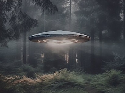 A surreal glowing spaceship levitates over an old spooky forest
