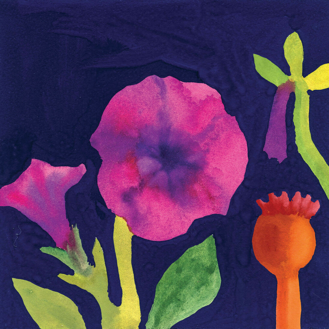 Nerys Johnson, Petunias and Poppu Seed Head, gouache 1999, 15 x 15 cm