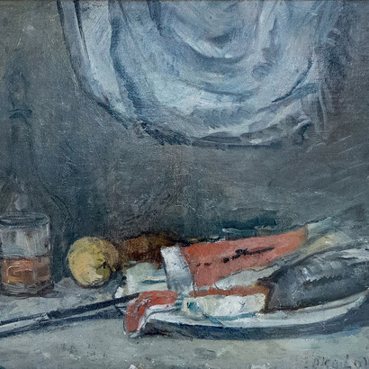 “Still Life with a Salmon”, 1946, oil on canvas by Mikhail Ksenofontovich Sokolov (1885–1947), I. V. Savitsky State Museum of Art, Nukus, Uzbekistan