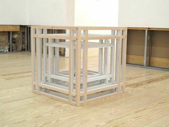 Adam Marnie, Inward Object II, 2013, maple, wood putty, spray paint, 24 x 24 x 24 inches