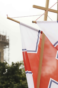 Standards of the Georgian Orthodox Church flying by the Cathedral of the Holy Mother of Iberia in Zugdidi, Georgia, during the 2020 Vlakernoba procession, Georgia
