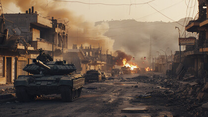 A tank pushing through debris and dust in a war-torn city, highlighting the persistence of violence in contested territories