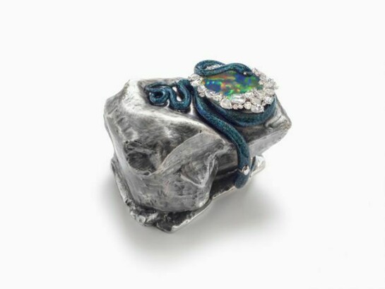 Victoire de Castellane, 2013, Lunae Lumen Holly Colorum, Yellow gold, opal, diamonds,
colored lacquer, 3 1/8 x 2 3/8 x 3 9/16 inches / 8 x 6 x 9 cm © Victoire de Castellane. Courtesy Gagosian Gallery, Photo Vito Flamminio
