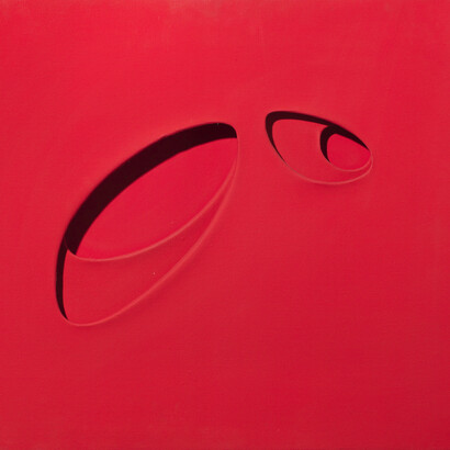Paolo Scheggi, Zone riflesse, 1963, Red acrylic on three superimposed canvases, cm 51.5 x 61.5 x 5 / in 20.3 x 24.2 x 2.8. Courtesy Tornabuoni Art © Paolo Scheggi / SIAE