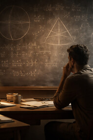 A quiet moment of reflection where mathematics and philosophy converge—logic, doubt, and reasoning unfolding in a solitary search for understanding