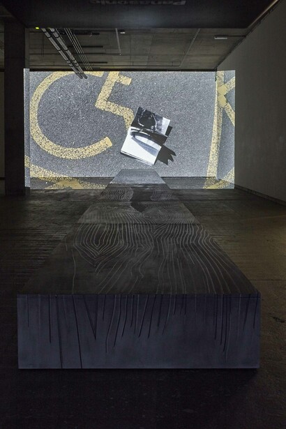 Fiona Banner, Phantom (SS16) 2015, Graphite, vinyl, birch plywood with high definition digital film, 39 x 1540 x 122 cm (runway), 9.28 minutes (film), Courtesy the artist and Frith Street Gallery, London 