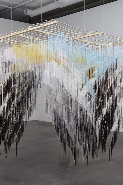 Outi Pieski, Risteävät Polut | Ruossalas Bálágat | Crossing Paths, 2014, installation, wood and thread, 240 x 240 x 240 cm
