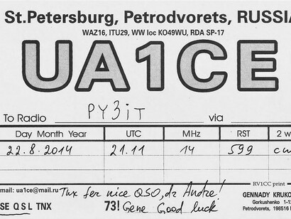 An amateur radio QSL card sent by UA1CE to PY3IT, confirming a 14 MHz CW contact made in 2014