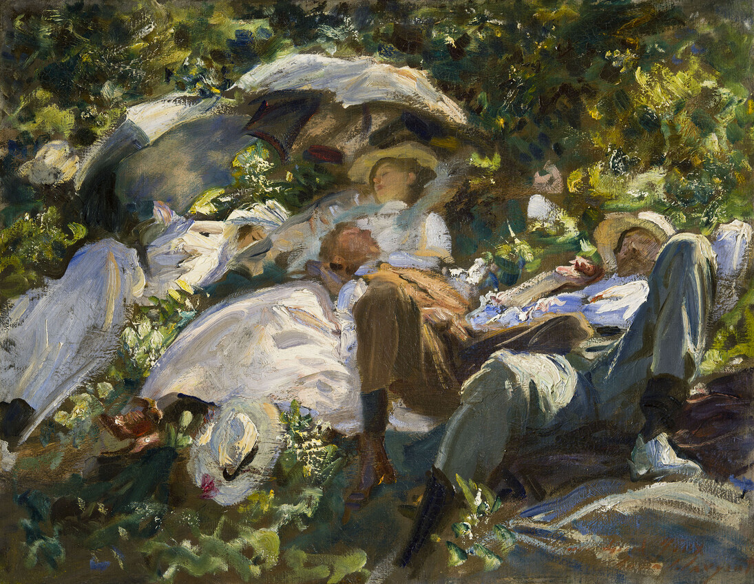 John Singer Sargent (American, Florence 1856–-1925 London)
Group with Parasols (Siesta), around 1904–5
Oil on canvas
22–3/8 × 28–9/16 in. (56.8 × 72.5 cm)
Private Collection