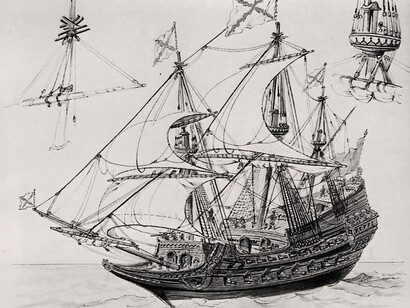 Grabado que representa un galeón español