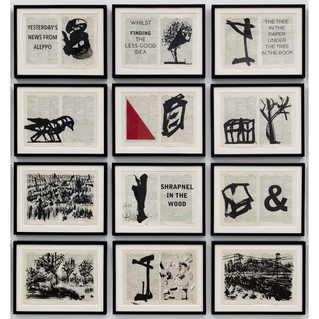 William Kentridge, Untitled, 2014, India ink and red pencil on Shorter Oxford Dictionary, Frame: 14-3/4 x 18-3/4 x 1 in. (each)