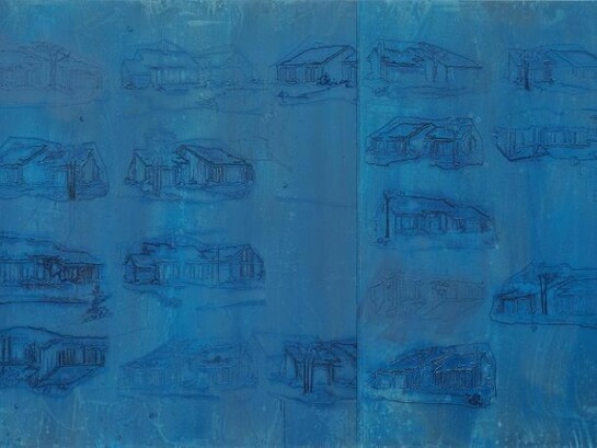 Michael Raedecker, place, 2013, acrylic and thread on canvas, 69 x 102 3/8 inches (175.3 x 260 cm) © Michael Raedecker, courtesy of the artist and Andrea Rosen Gallery, New York.