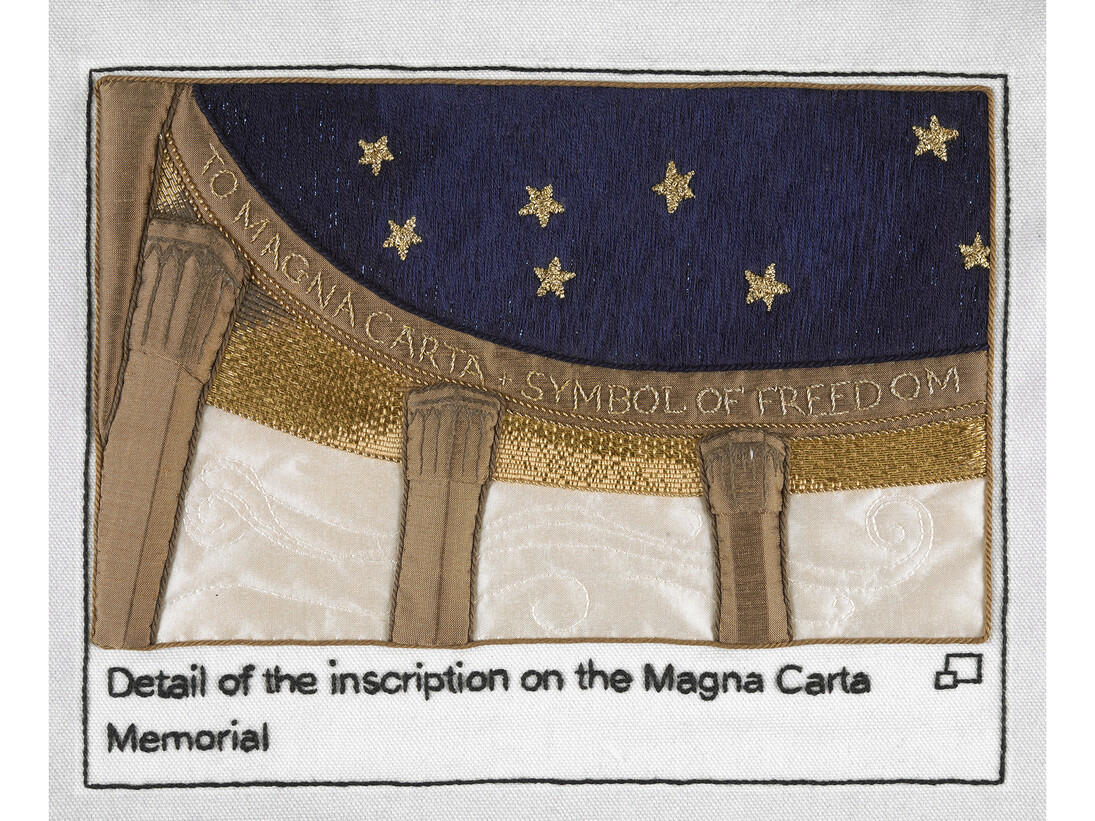 Inscription on the Magna Carta Memorial stitched by Pippa Foulds, Embroiderers’ Guild (Yorkshire and The Humber Region). Part of Cornelia Parker’s Magna Carta (An Embroidery) at the British Library