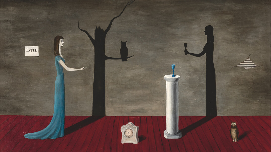 Gertrude Abercrombie, "Strange Shadows (Shadow and Substance)", 1950. Oil on canvas. 22 x 36 in. (55.9 x 91.4 cm). Private Collection, Illinois. Photo by Michael Tropea