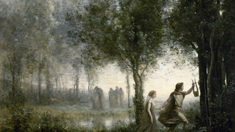 El amor verdadero en un cuadro de Jean-Baptiste Camille Corot como alegoría de la nueva situación chilena: Orfeo (la ciudadanía) sacando a Eurídice (Chile) del infierno (dictadura) 