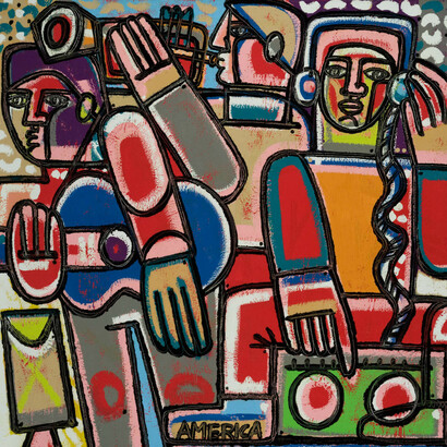 America Martin, Music and Three Men, Oil and Acrylic on Canvas, 67" x 71". Courtesy of JoAnne Artman Gallery

