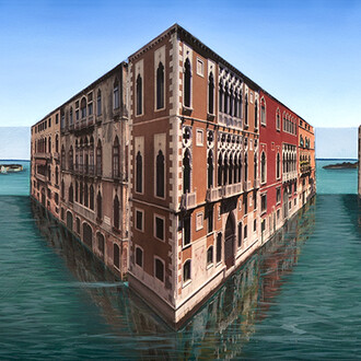Patrick Hughes, Venice Volumes, 2013, Oil and photographic collage on board construction, 28.5 x 75 cm