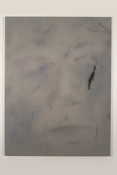 Ian Swanson, aging3, 2014-2015, airbrushed acrylic, graphite on rayon, 62 x 46 in.