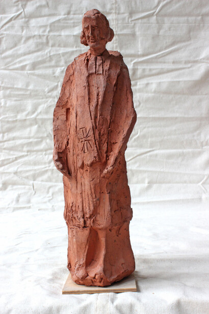 Don Marco Melzi San Giovanni Vianney (curato D'Ars) Terracotta grezza, basamento in legno Bozzetto scultoreo tutto tondo cm 36x18x9