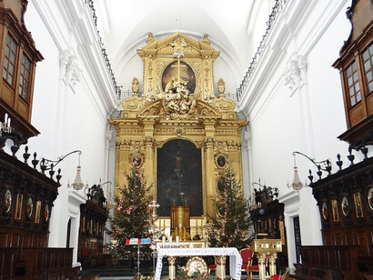 The main altar inside the Holy Cross Church in Warsa, Poland