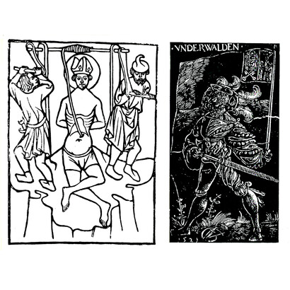 U. Graf, Il portatore di stendardo, 1521, rara xilografia antica basata sulla linea scura; Maestro tedesco del 1400, Il martirio di Sant' Erasmus, xilografia dal tratto di contorno nero