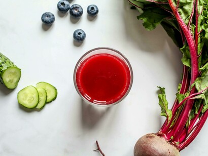 A nutrient dense mix of beet, cucumber and berries is a refreshing and energizing juice