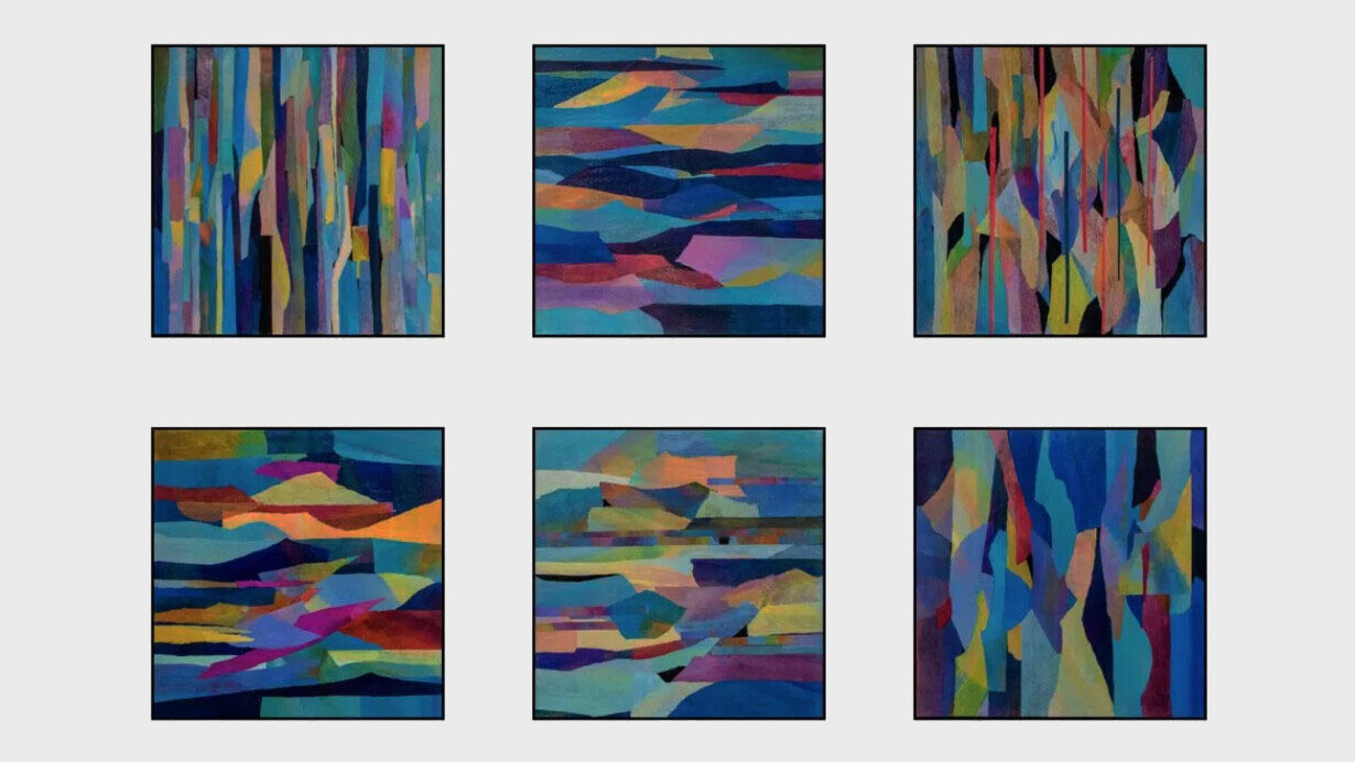 Ellen Globokar, Huwak'a 2, 2023, Collage on Canvas, 24" by 36". Courtesy of Agora Gallery
