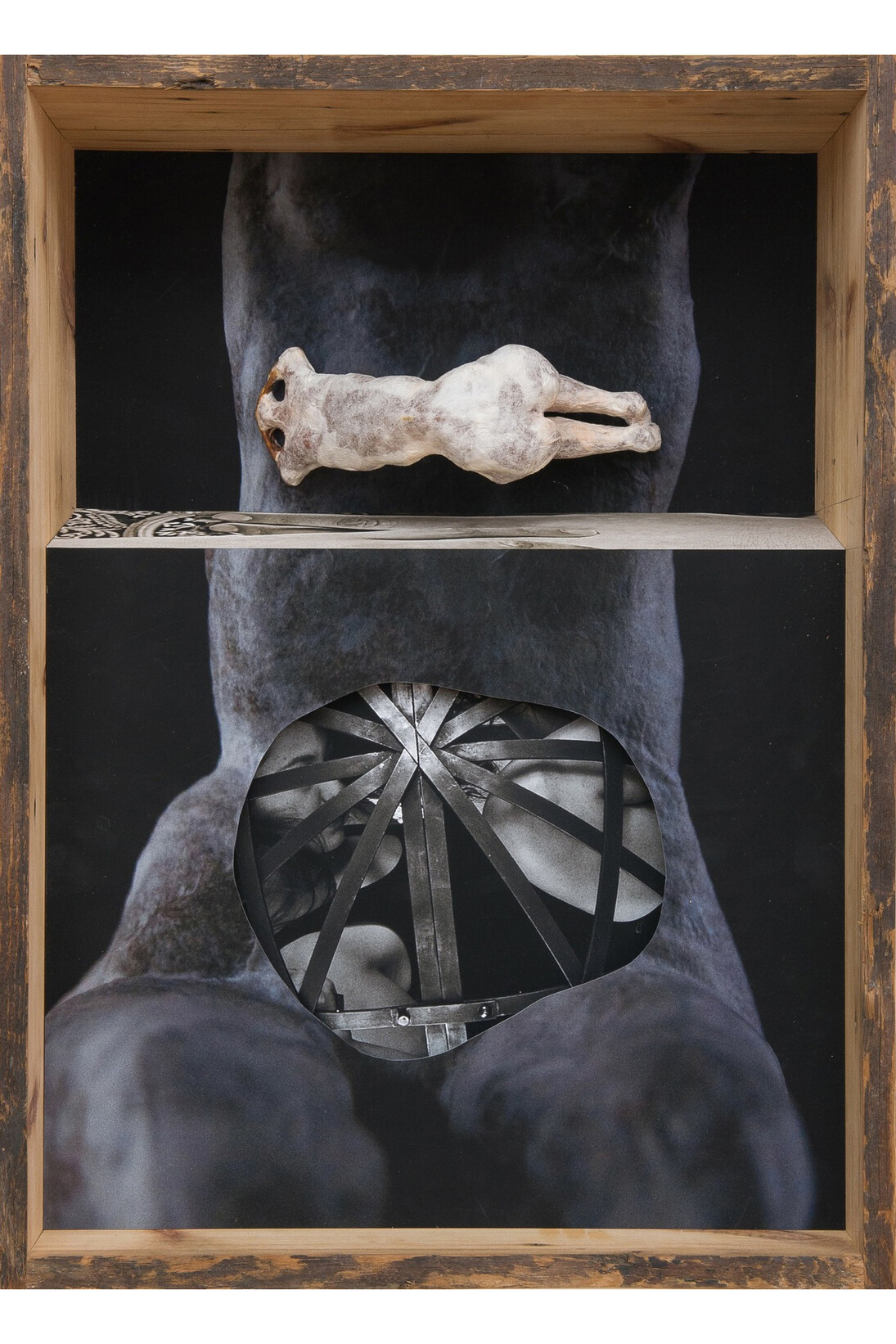 Kalliopi Lemos, Boxed World no.1, 2015, Dimensions: 74 cm x 54 cm x 20 cm, Photograph and small figurine made of steel skeleton, air drying clay and Japanese paper, installed in a wooden box made with reclaimed wood from the roof of an old Georgian house

