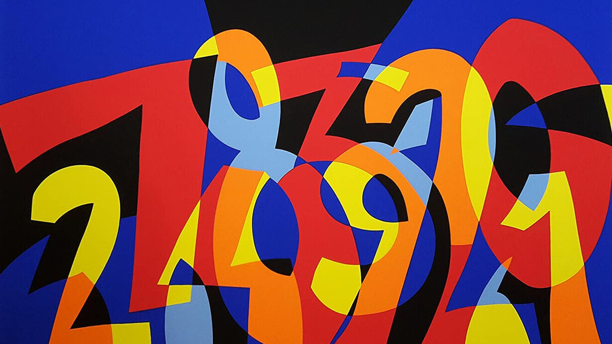Ugo Nespolo, I Numeri Si Amano, 1941, serigrafia polimaterica, 47/50, 66×97,5 cm, edizione 47/50, collezione privata