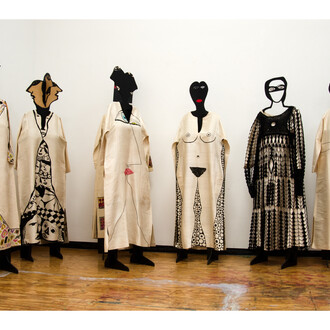 Huguette Caland, from L-R: The First, Foule, Tête-a-tête, Miroir, The Last, Tendresse, 1971 - 1975, 73 x 19 x 12 inches each, 185.5 x 48 x 30.5 cm each. Courtesy of the artist and Lombard Freid Gallery, NY