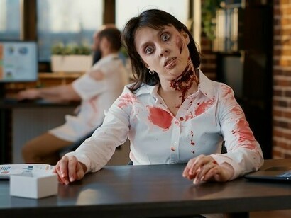 In a chaotic office environment, an employee resembling a zombie battles fatigue while attempting to work on a modern laptop, illustrating the impact of employee burnout, workplace stress, mental health issues, and poor communication