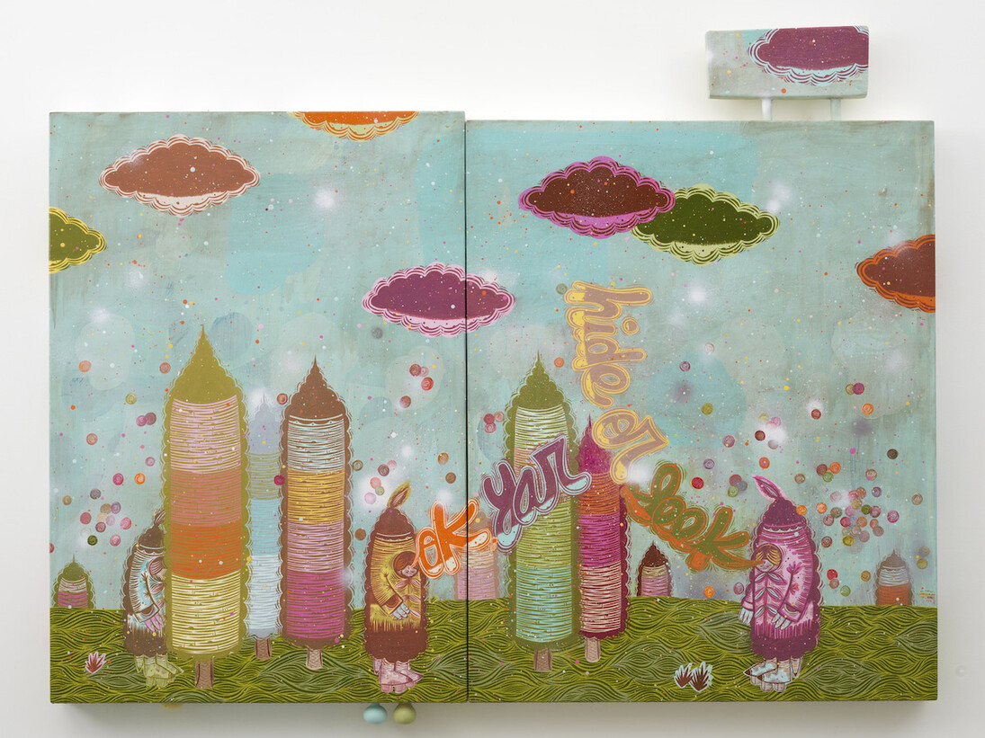 Thomas Campbell, Attempting to Be Here, 2014, Acrylic, gouache, spray paint on wood, panels and gourds, 44 x 78 inches