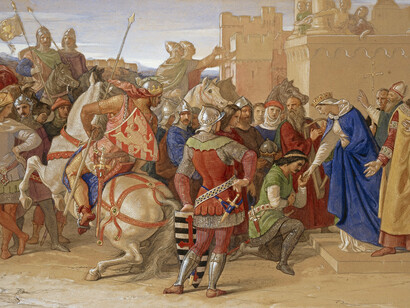 Pintura. William Dyce - Piety - Os Cavaleiros da Távola Redonda prestes a partir em busca do Santo Graal