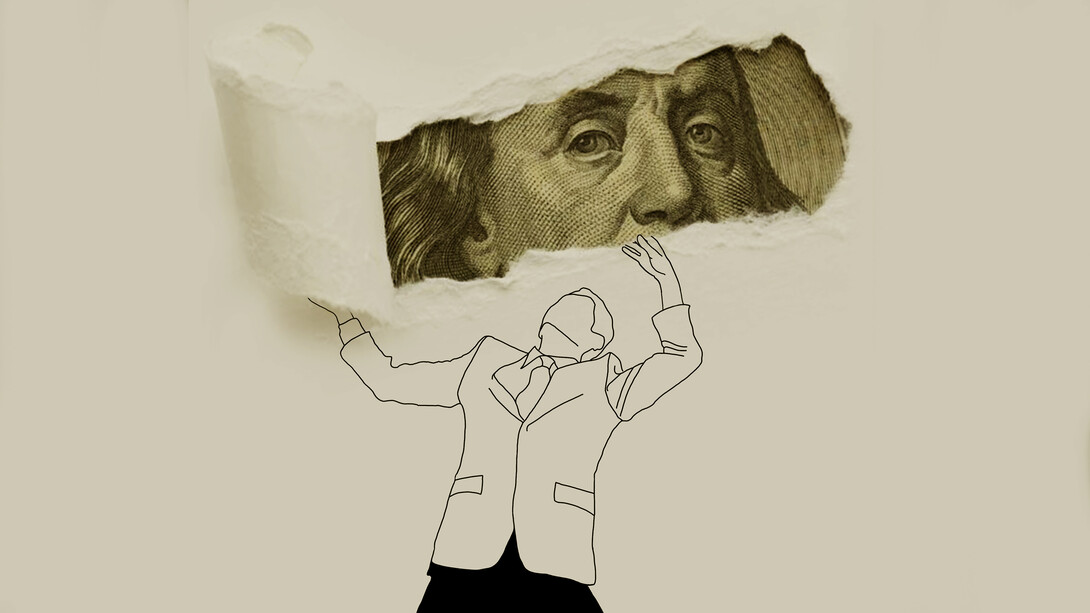 Captivating scene as an individual gracefully holds dollars aloft, embodying the essence of capitalism