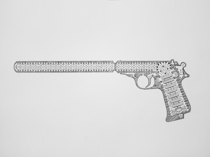 Baptiste Debombourg, « Tradition of excellence XII - Walther PPK silencieux», 2011, Mine de plomb sur papier Vinci, 30 x 56 cm, Courtesy Galerie Patricia Dorfmann, Paris