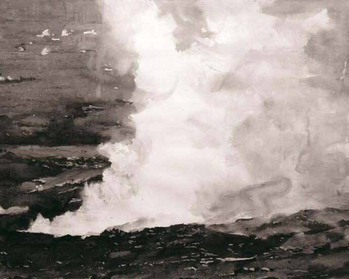 Steam, Puʻu ʻŌʻō, 2016, Ink, watercolour, carbon and volcanic ash on paper, Paper and image 113.0 x 182.0 cm. © Emma Stibbon, 2017. Courtesy artist and Alan Cristea Gallery, London 