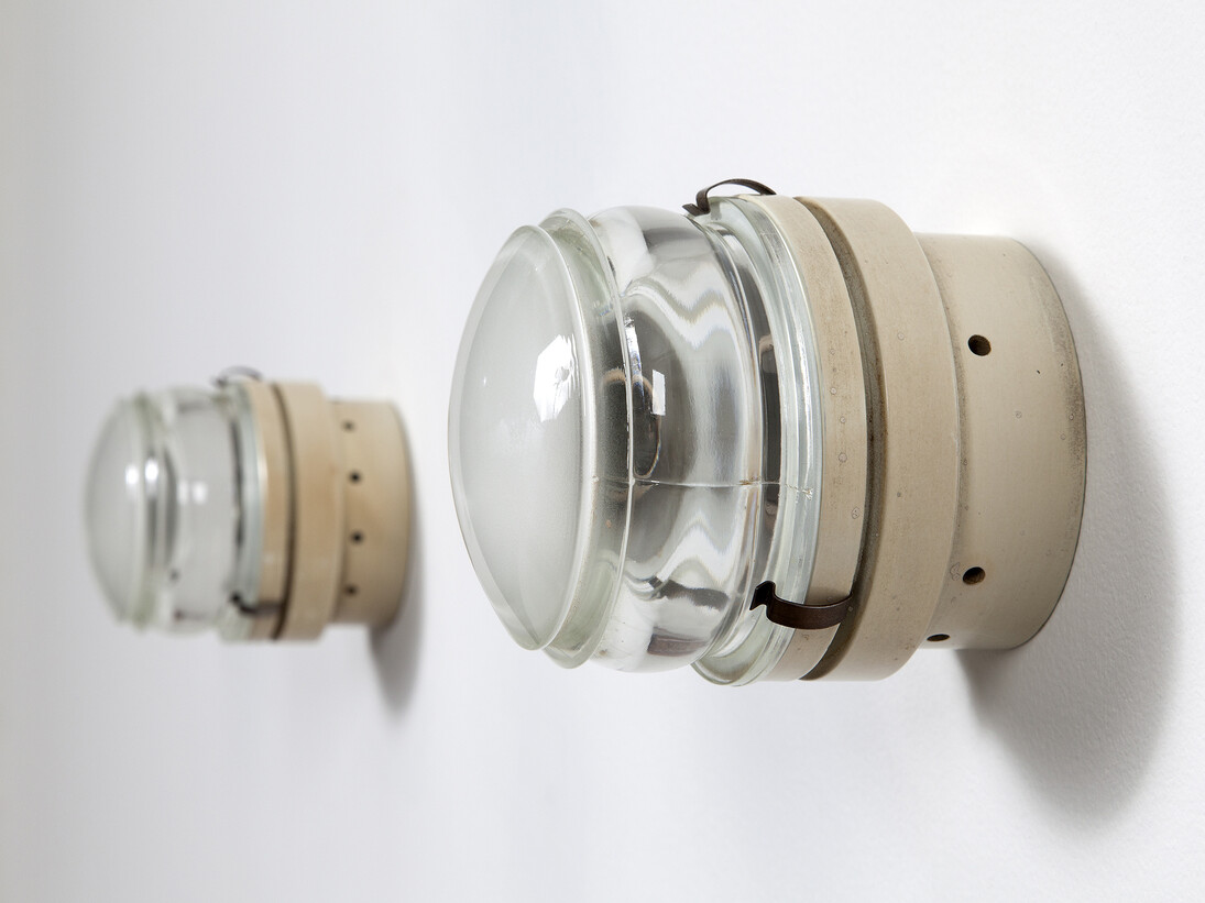 Pair of "1148 Fresnel" lamps designed by Joe Colombo for O Luce, Italy, 1964-1965. 4.5" W x 4.5" H x 3.75" D. Photo by Sherry Griffin for R & Company