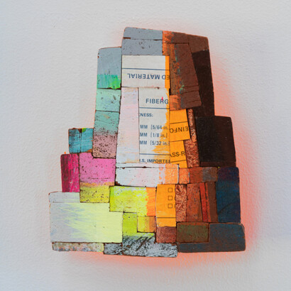 Joan Grubin, Detritus #49, 2022, acrylic on pressed wood, 5x4 inches. Courtesy of Garvey|Simon Art