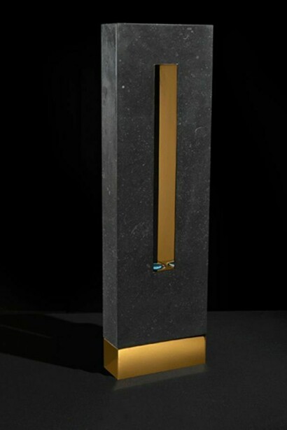 Rachel Schwalm, Midas Touch, 2014, Kilkenny Limestone, Gold plated steel, antique lens and pigment, 75 x 22 cm ( 29.5 x 8.75 inches)
