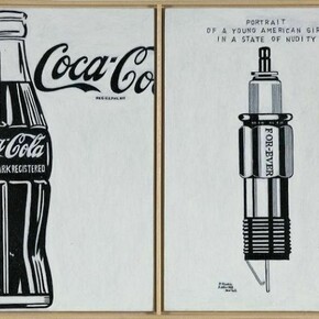 Richard Pettibone, "Andy Warhol, 'Large Coca Cola', 1962, and Francis Picabia, 'Portrait of a Young American Girl in a State of Nudity', 1915", 2012, Oil on canvas, 9 1/2 x 13 3/8 inches
