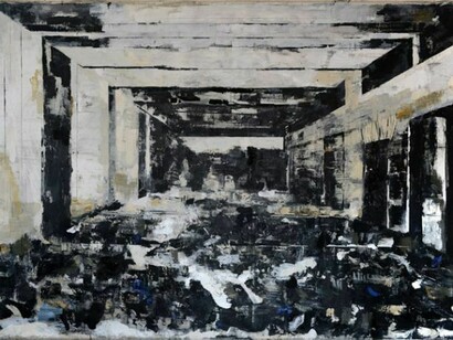 Bogdan Vladuta, Burnt Room, 2013, oil on canvas, 80 x 126.8 in (203 x 322 cm)