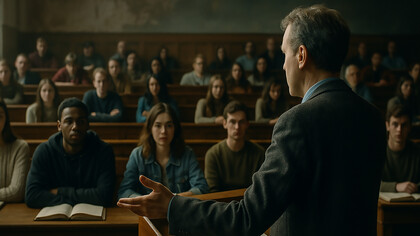 A professor addresses a silent lecture hall, his words hanging in the air — a moment that captures academia’s struggle to keep truth alive amid the noise of a divided world