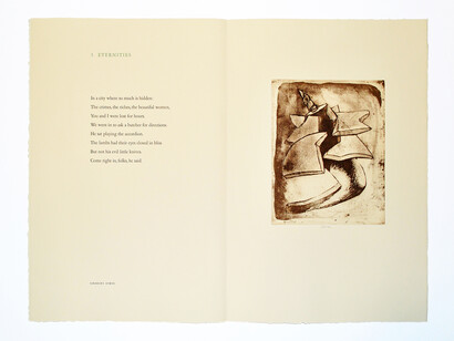 Eternities 2009, Etchings by George Nama, Poems by Charles Simić, Edition of 42 on Arches Vellum paper,  Etchings signed by the artist, portfolio signed by the poet