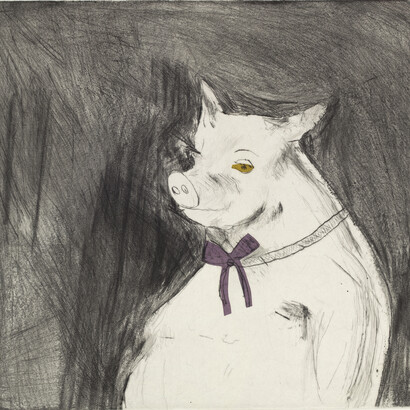 The All-knowing Pig, Drypoint with tea-stained chine collé

