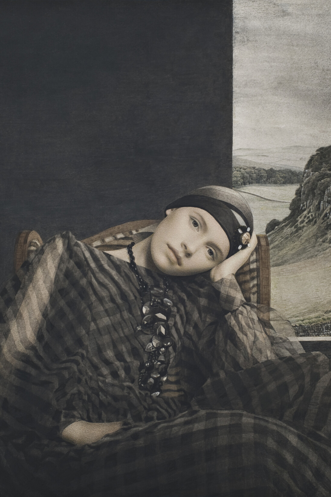 Graham Little, Untitled (Black necklace), 2014, Gouache and colour pencil on paper, Unframed: 27.6 x 37.6 cm / 10 7/8 x 14 3/4 ins, Framed: 68 x 56 cm / 26 3/4 x 22 1/8 ins, Copyright the artist, Courtesy Alison Jacques Gallery, London, Photo: Michael Brzezinski