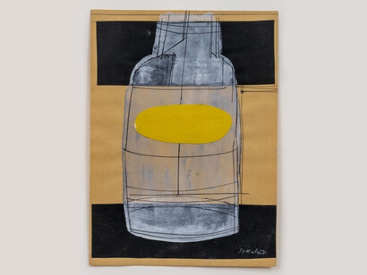 Sonja Sekula (1918-1963), Untitled (Bottle), 1958, collage of several layers with gouache and ink on paper, 8x5.8 inches. Courtesy of Rosenberg & Co., NYC